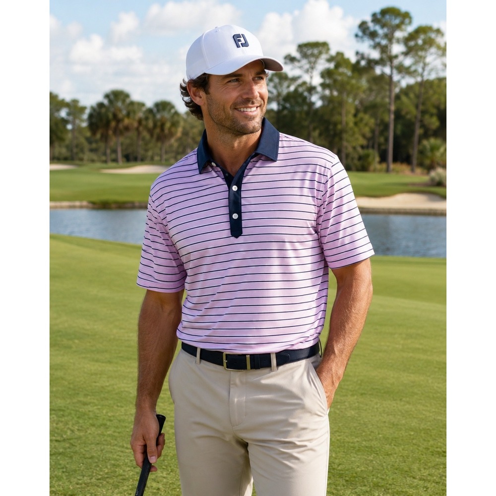 FootJoy FJ Mens XL Golf Polo Shirt Pink Navy Stripe Stretch Performance